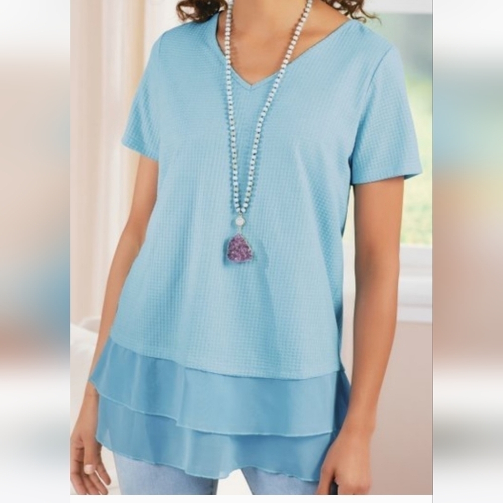 Soft Surroundings Blue Sandpiper Tunic Short Sleeve Ruffle Hem Top Size M